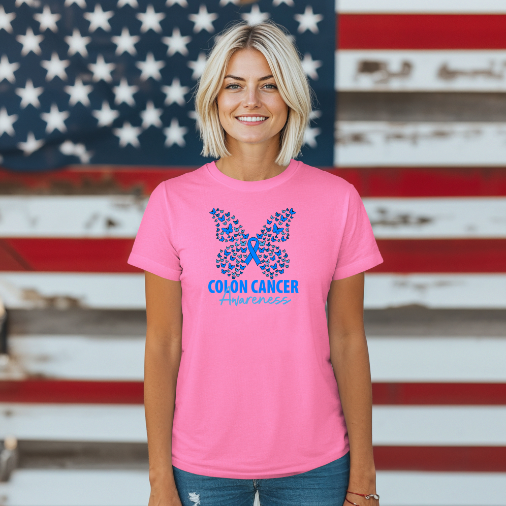 Women's Colon Cancer Awareness Tee, Support Shirt, Gift for Cancer Fighters, Breast Cancer, Awareness Day Shirt, Butterfly Design