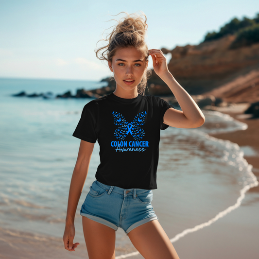 Women's Colon Cancer Awareness Tee, Support Shirt, Gift for Cancer Fighters, Breast Cancer, Awareness Day Shirt, Butterfly Design