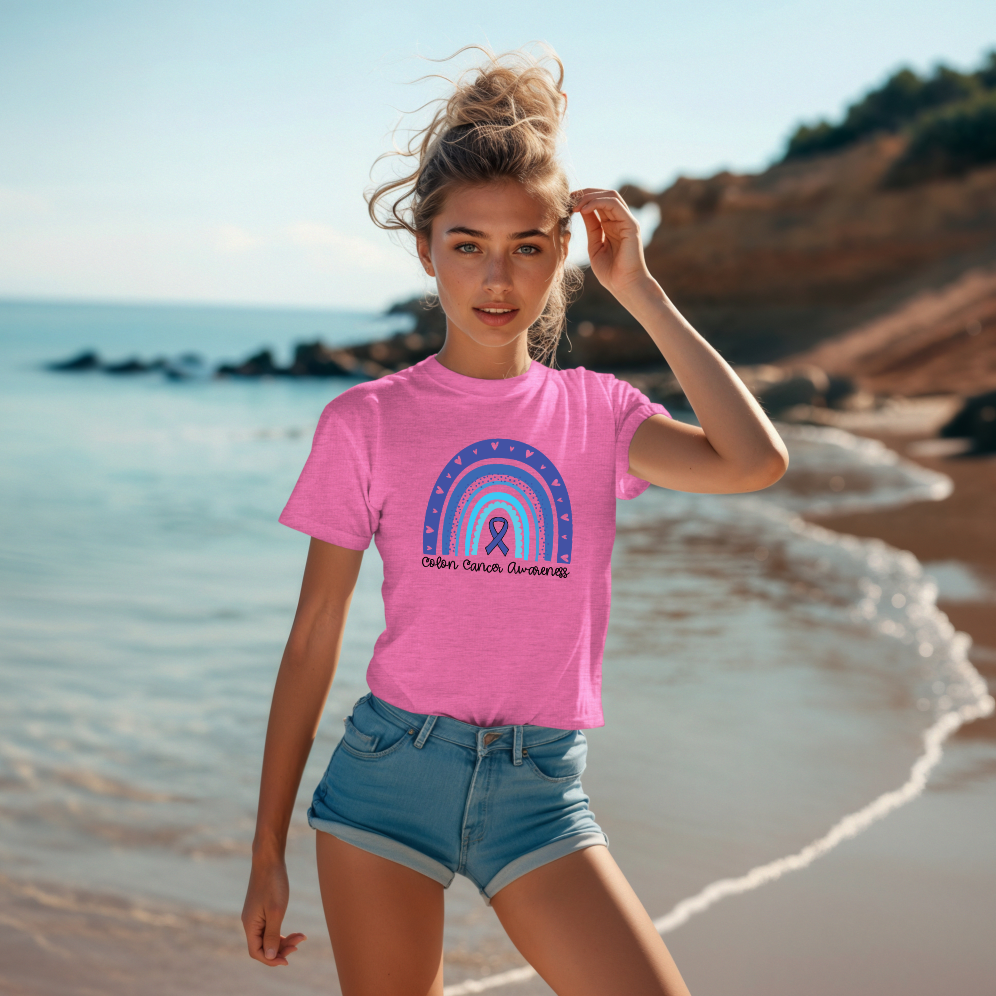 Women's Colon Cancer Awareness Tee, Support Shirt, Gift for Cancer Fighters, Breast Cancer, Awareness Day Shirt, Rainbow Design