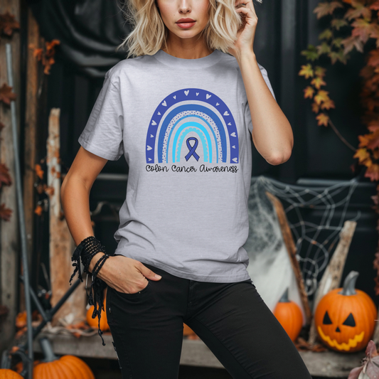 Women's Colon Cancer Awareness Tee, Support Shirt, Gift for Cancer Fighters, Breast Cancer, Awareness Day Shirt, Rainbow Design